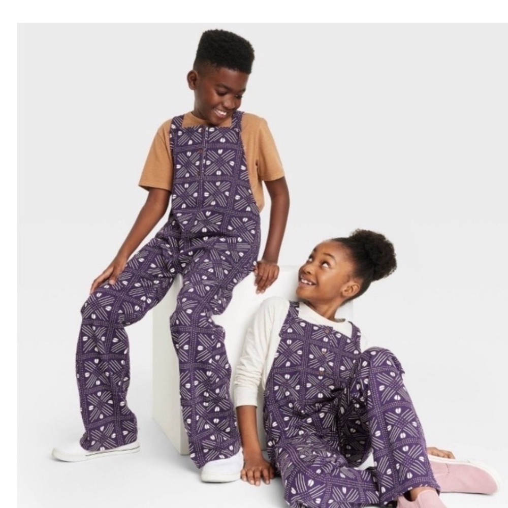 Ade + Ayo Overalls Purple Geometric Mudcloth Print Cotton Dungarees Kids XS
